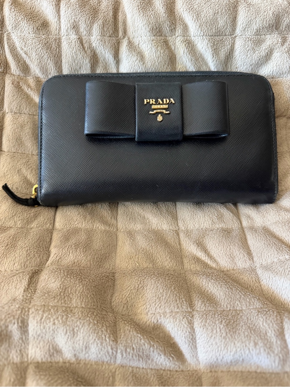 PRADA Black Bow Saffiano Leather Long Zip-Around Wallet with Gold Logo